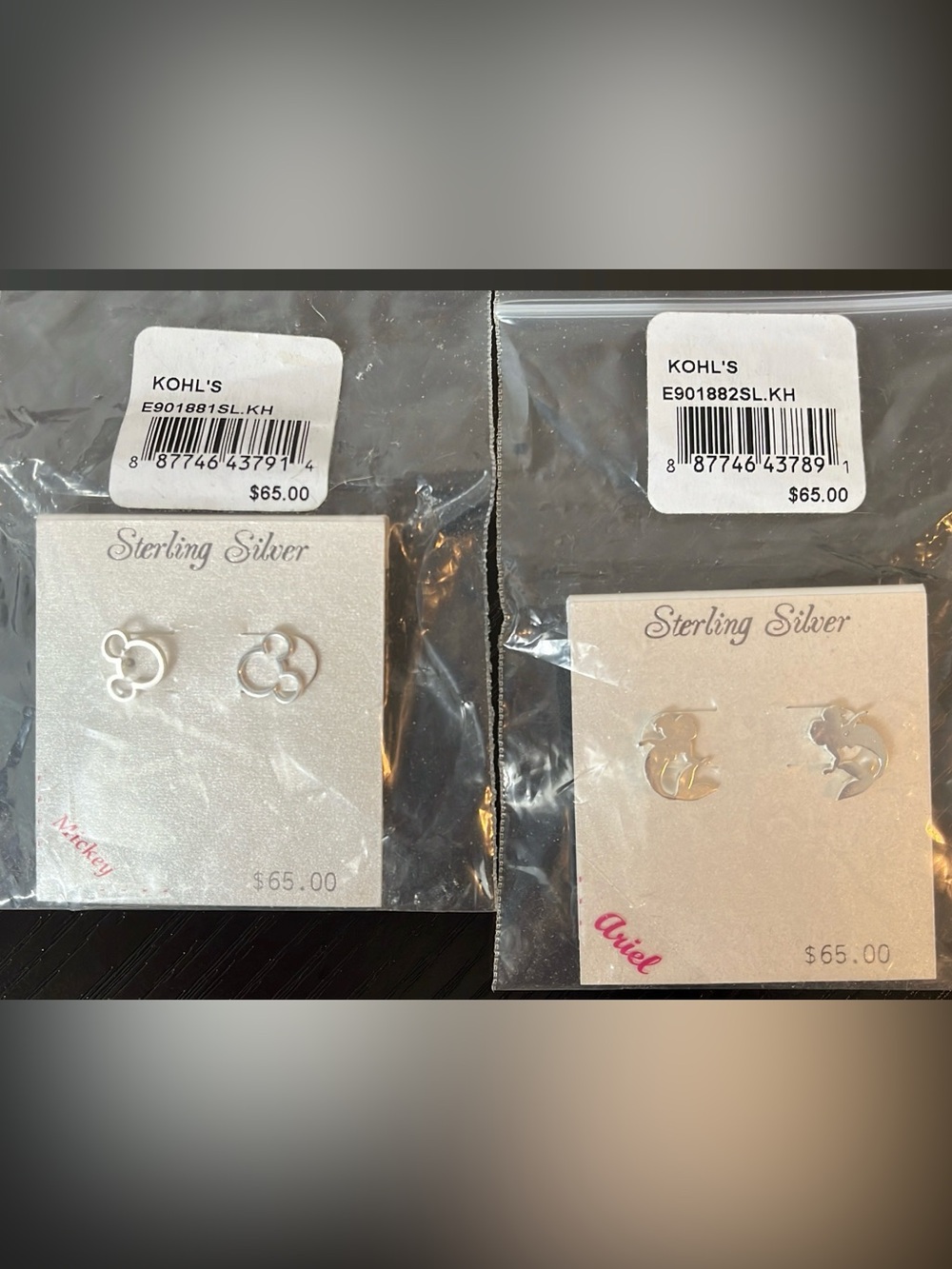 Disney Sterling Silver Mickey & Ariel Stud Earrings - Silver